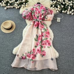Chic vintage Sexy print mesh Spliced Fairy Summer Women Boho Sundress women clothing Long dress
