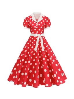 Women's Vintage Polka Dot Summer Dress Short Sleeve V-Neck A-Line Casual Party Robe Femme Pin up Style