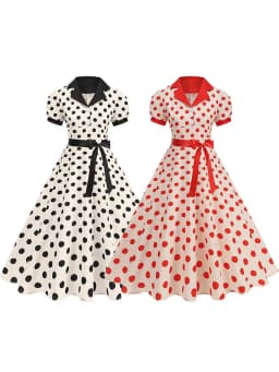 Women's Vintage Polka Dot Summer Dress Short Sleeve V-Neck A-Line Casual Party Robe Femme Pin up Style
