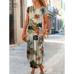 Women Summer Dress Round Neck Pocket Short Sleeve Floral Printed Ankle Length Long Women Dresses Vestidos YSX9201