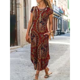 Women Summer Dress Round Neck Pocket Short Sleeve Floral Printed Ankle Length Long Women Dresses Vestidos YSX9201