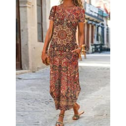 Women Summer Dress Round Neck Pocket Short Sleeve Floral Printed Ankle Length Long Women Dresses Vestidos YSX9201