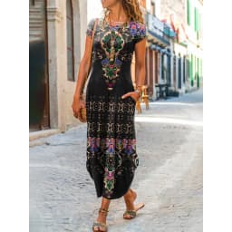 Women Summer Dress Round Neck Pocket Short Sleeve Floral Printed Ankle Length Long Women Dresses Vestidos YSX9201