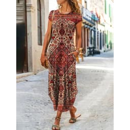 Women Summer Dress Round Neck Pocket Short Sleeve Floral Printed Ankle Length Long Women Dresses Vestidos YSX9201
