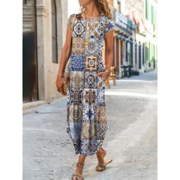 Women Summer Dress Round Neck Pocket Short Sleeve Floral Printed Ankle Length Long Women Dresses Vestidos YSX9201