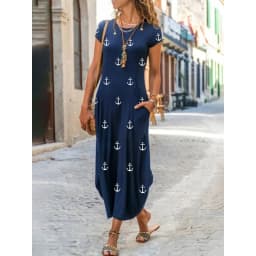 Women Summer Dress Round Neck Pocket Short Sleeve Floral Printed Ankle Length Long Women Dresses Vestidos YSX9201