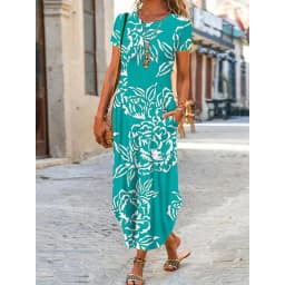 Women Summer Dress Round Neck Pocket Short Sleeve Floral Printed Ankle Length Long Women Dresses Vestidos YSX9201