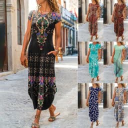 Women Summer Dress Round Neck Pocket Short Sleeve Floral Printed Ankle Length Long Women Dresses Vestidos YSX9201