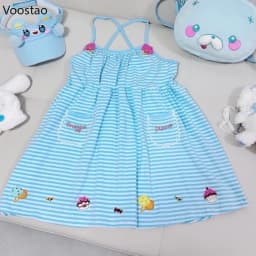 Japanese Cute Lolita Style Princess Dress Women Sweet Striped Cartoon Embroidery Strap Dresses Girls Kawaii Y2k Party Mini Dres