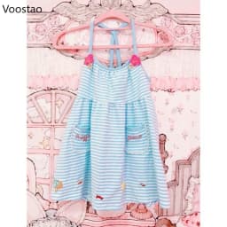 Japanese Cute Lolita Style Princess Dress Women Sweet Striped Cartoon Embroidery Strap Dresses Girls Kawaii Y2k Party Mini Dres