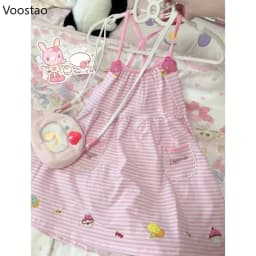 Japanese Cute Lolita Style Princess Dress Women Sweet Striped Cartoon Embroidery Strap Dresses Girls Kawaii Y2k Party Mini Dres