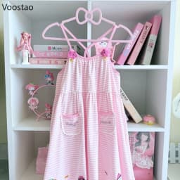 Japanese Cute Lolita Style Princess Dress Women Sweet Striped Cartoon Embroidery Strap Dresses Girls Kawaii Y2k Party Mini Dres