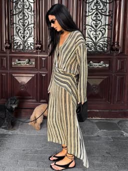 Striped Women's Dress Deep V Long Sleeve Dress Waist Belt Dress Daily Fashion Wear Casual Loose Fit 2026 Collection
