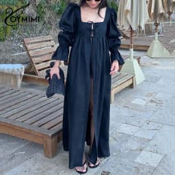 Oymimi Fashion Black Lace-Up Dresses 2025 Woman Elegant Square Neck Long Sleeve Dresses Casual High Waisted Ankle-Length Dress