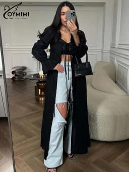 Oymimi Fashion Black Lace-Up Dresses 2025 Woman Elegant Square Neck Long Sleeve Dresses Casual High Waisted Ankle-Length Dress