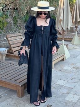 Oymimi Fashion Black Lace-Up Dresses 2025 Woman Elegant Square Neck Long Sleeve Dresses Casual High Waisted Ankle-Length Dress