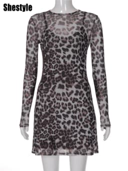 Shestyle Leopard Sexy A-Line Dress Women Two Piece Sets Mesh See Through Fashion Extremely Hot High Street Animal Print Stylish