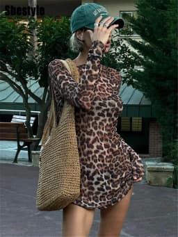 Shestyle Leopard Sexy A-Line Dress Women Two Piece Sets Mesh See Through Fashion Extremely Hot High Street Animal Print Stylish