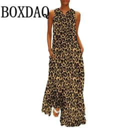 Summer Women Leopard Graphic Print Dress Fashion Elegant Casual V-Neck Sleeveless Tank Long Dresses Ladies Sexy Loose Maxi Dress