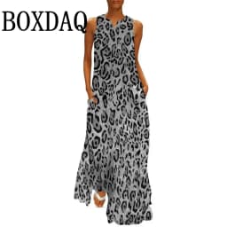 Summer Women Leopard Graphic Print Dress Fashion Elegant Casual V-Neck Sleeveless Tank Long Dresses Ladies Sexy Loose Maxi Dress