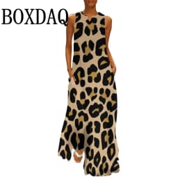 Summer Women Leopard Graphic Print Dress Fashion Elegant Casual V-Neck Sleeveless Tank Long Dresses Ladies Sexy Loose Maxi Dress