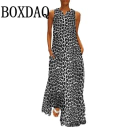 Summer Women Leopard Graphic Print Dress Fashion Elegant Casual V-Neck Sleeveless Tank Long Dresses Ladies Sexy Loose Maxi Dress
