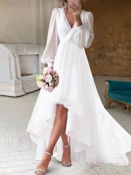 Women Chiffon Dress Balloon Sleeve Silhouette High Low Hem V-neck Elegant White Mesh Slim Fit Wedding Party Holiday Beach