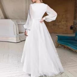 Women Chiffon Dress Balloon Sleeve Silhouette High Low Hem V-neck Elegant White Mesh Slim Fit Wedding Party Holiday Beach