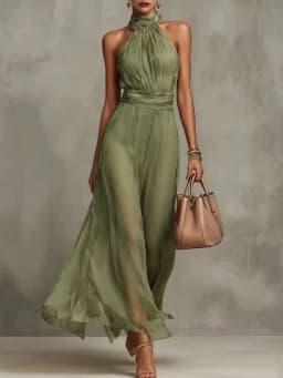Elegant Chiffon Dress 2026 Fashion New Women Solid Halter Maxi Dress Sleeveless High Neck Ruched Waist Evening Party Dress