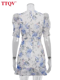 TTQV Summer Slim Print Women's Dress 2026 Fashion V-Neck Short Sleeve Mini Dresses Lady Elegant Classic Pleated Female Dress