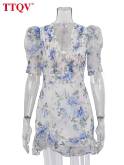TTQV Summer Slim Print Women's Dress 2026 Fashion V-Neck Short Sleeve Mini Dresses Lady Elegant Classic Pleated Female Dress
