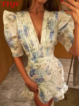 TTQV Summer Slim Print Women's Dress 2026 Fashion V-Neck Short Sleeve Mini Dresses Lady Elegant Classic Pleated Female Dress