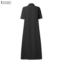 ZANZEA Women 2026 Summer Dress Elegant OL Work Midi Dresses Casual Short Sleeve Buttons Up Sundress Solid Pleated Vestidos Robe