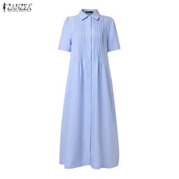 ZANZEA Women 2026 Summer Dress Elegant OL Work Midi Dresses Casual Short Sleeve Buttons Up Sundress Solid Pleated Vestidos Robe
