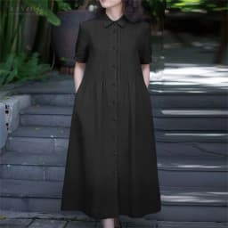 ZANZEA Women 2026 Summer Dress Elegant OL Work Midi Dresses Casual Short Sleeve Buttons Up Sundress Solid Pleated Vestidos Robe