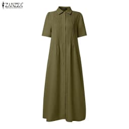 ZANZEA Women 2026 Summer Dress Elegant OL Work Midi Dresses Casual Short Sleeve Buttons Up Sundress Solid Pleated Vestidos Robe