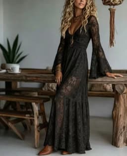 New Deep V Neck Embroidery Lace Woman Dress Spring Hollow Out High Waist Crochet Dresses Autumn Flare Sleeve Jacquard Long Dress