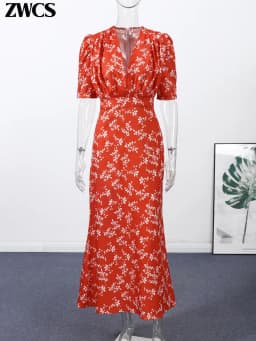 Sexy Deep V-neck Women's Floral Print Dresses 2026 Summer Elegant Waist-cinching Short Sleeve Pleated Long Robes Ladies Dress