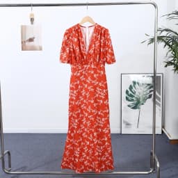 Sexy Deep V-neck Women's Floral Print Dresses 2026 Summer Elegant Waist-cinching Short Sleeve Pleated Long Robes Ladies Dress