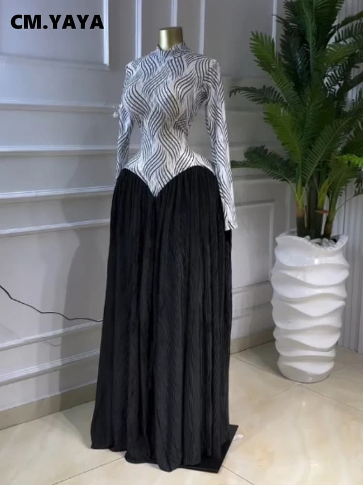 CM.YAYA Women V-neck Long Sleeve Big Swing Striped Print Long Dress 2026 Sexy Parties Evening Vacation Long Dresses Vestidos
