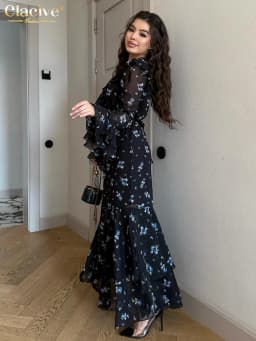 Clacive Fashion Loose Print Women's Dress 2025 Vintage V-Neck Long Sleeve Maxi Dresses Elegant High Waist Pleated Female Dress
