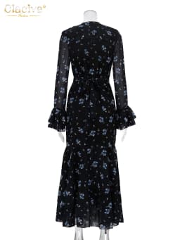 Clacive Fashion Loose Print Women's Dress 2025 Vintage V-Neck Long Sleeve Maxi Dresses Elegant High Waist Pleated Female Dress