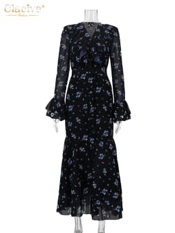 Clacive Fashion Loose Print Women's Dress 2025 Vintage V-Neck Long Sleeve Maxi Dresses Elegant High Waist Pleated Female Dress