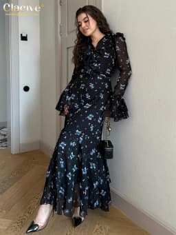 Clacive Fashion Loose Print Women's Dress 2025 Vintage V-Neck Long Sleeve Maxi Dresses Elegant High Waist Pleated Female Dress