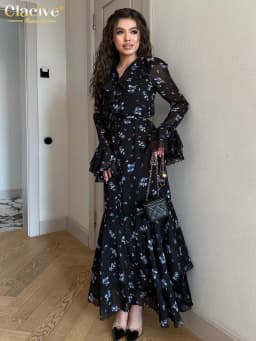 Clacive Fashion Loose Print Women's Dress 2025 Vintage V-Neck Long Sleeve Maxi Dresses Elegant High Waist Pleated Female Dress