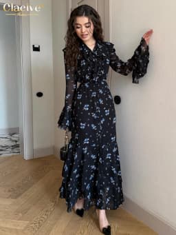 Clacive Fashion Loose Print Women's Dress 2025 Vintage V-Neck Long Sleeve Maxi Dresses Elegant High Waist Pleated Female Dress