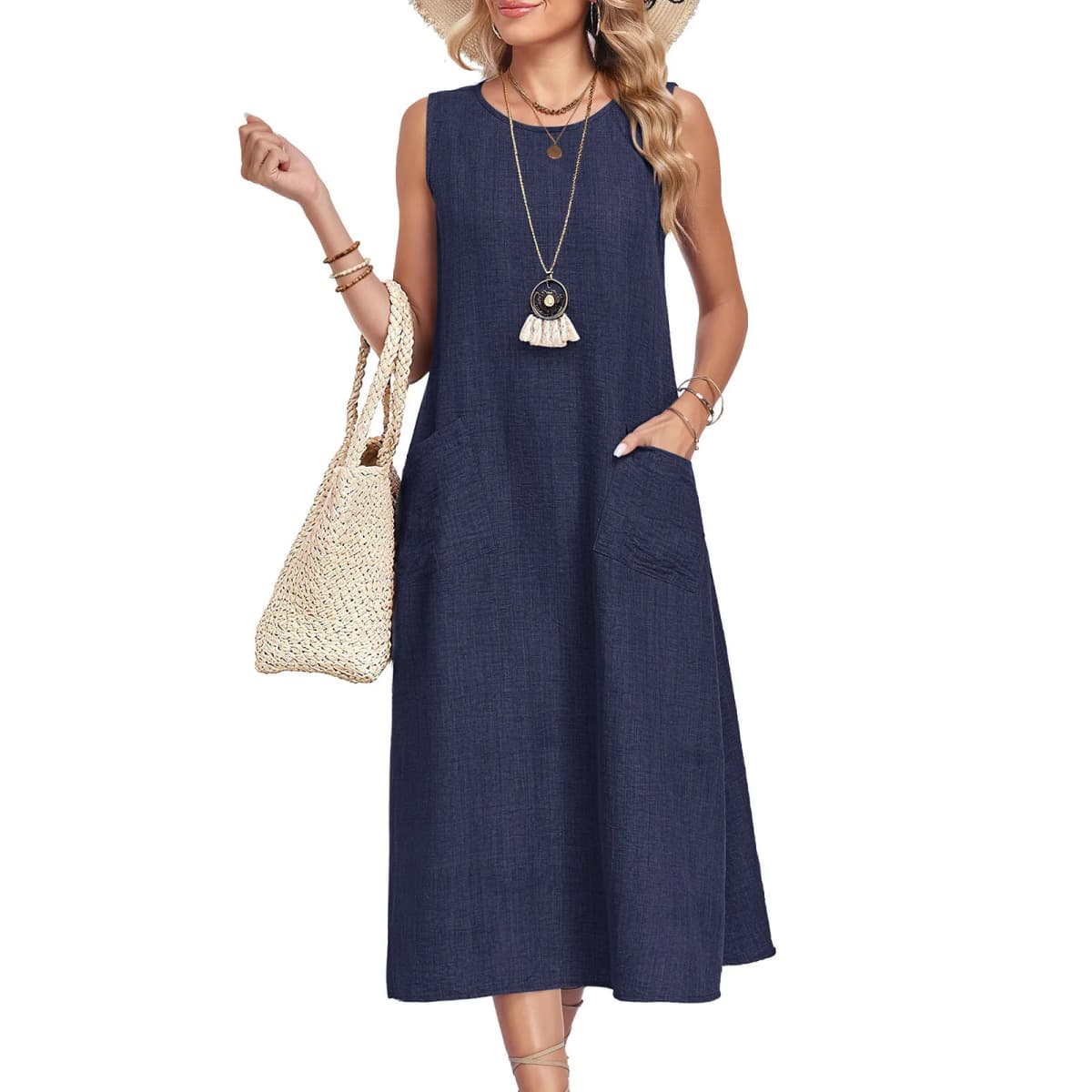 Summer Cotton Linen Sleeveless Maxi Dress For Women O Neck Loose Vest Dress With Pocket Casual Loose Dresses Robe Femme 2026 New