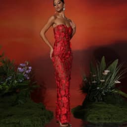 New Red Embroidered Flower Strapless Dress, Women's Slim and Sexy Party Dress, Long Skirt