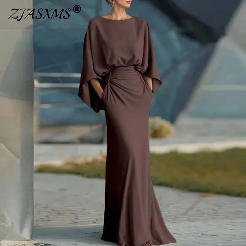 Womens Sexy Backless Hollow Bohemian Dress Spring Elegant O Neck High Waist Long Dress Summer Batwing Sleeve Slim Straight Dress