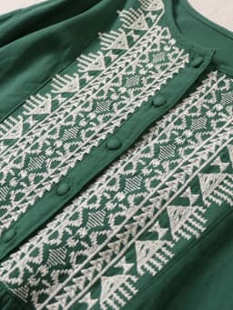 Ele Embroidered Cotton Lin Long Sve Dr Loose Fit A-Line Silhouette Maxi Skirt for Autumn Season Women's Faion